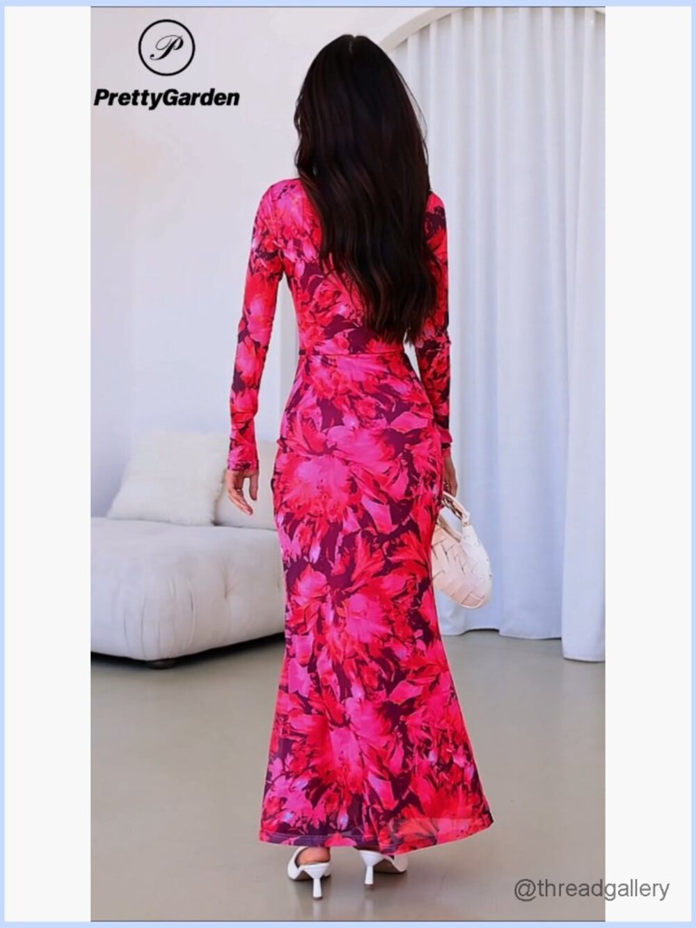 Long Sleeve Floral Maxi Dress Ruched Bodycon Crewneck Wedding Guest - Picture 7 of 7